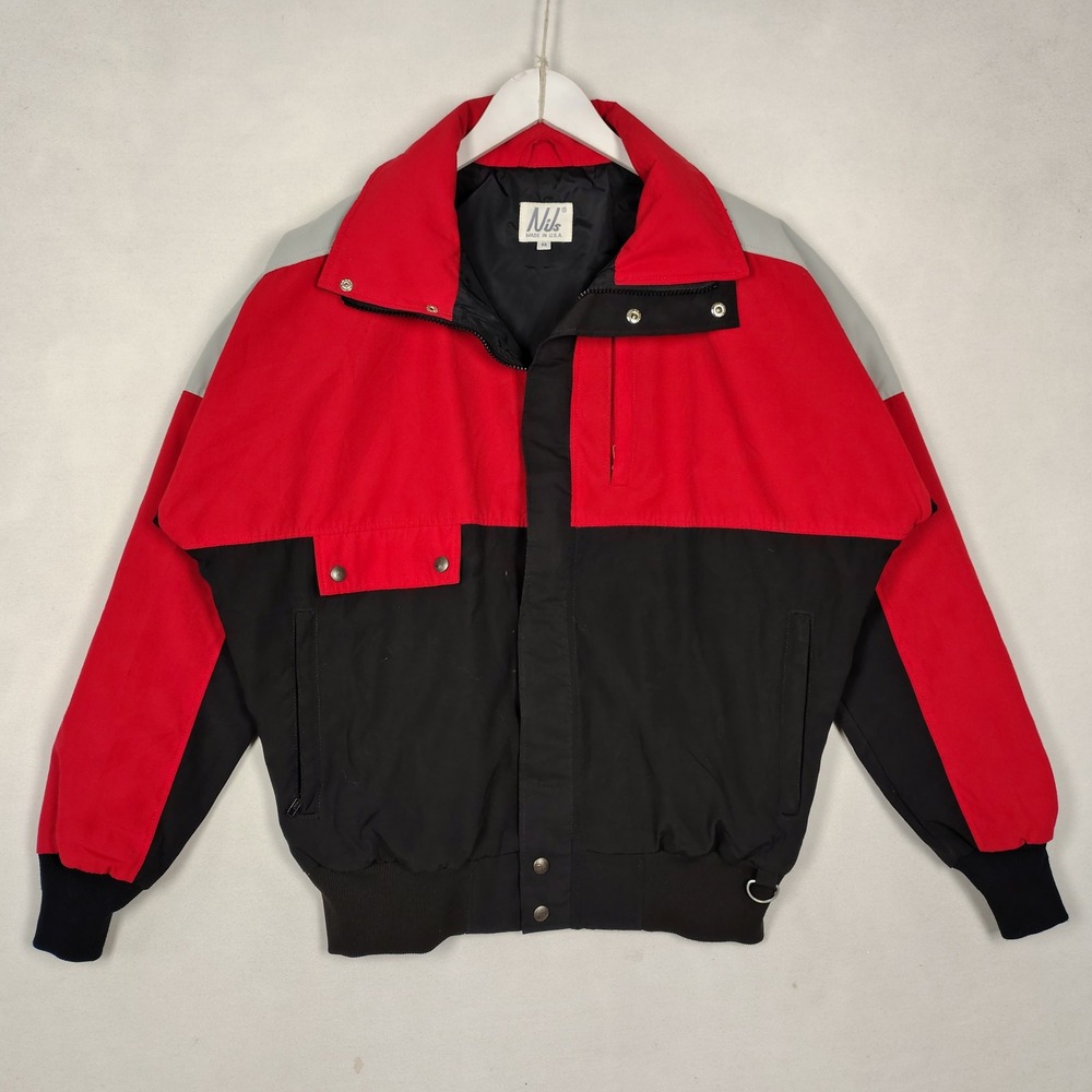 Vintage Nils Ski Jacket Made in USA Red Black Grey Colorblock Full Zip Mens M
